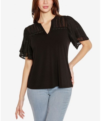 Black Label Women's Split Neck Mixed Media Top Black $41.65 Tops