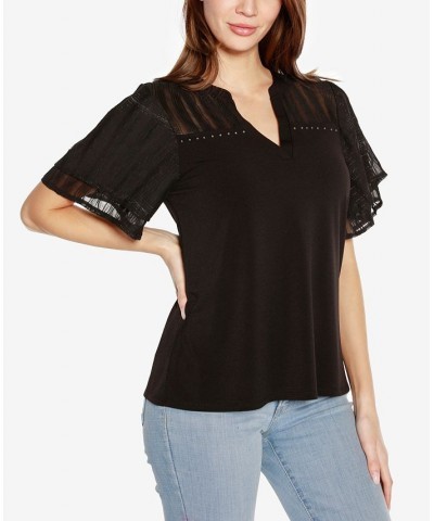 Black Label Women's Split Neck Mixed Media Top Black $41.65 Tops