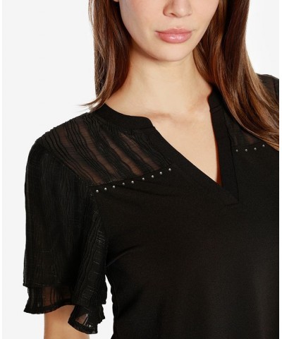 Black Label Women's Split Neck Mixed Media Top Black $41.65 Tops