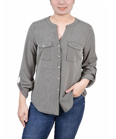 Petite 3/4 Sleeve Roll Tab Y Neck Blouse Dynamic Torterella $14.40 Tops