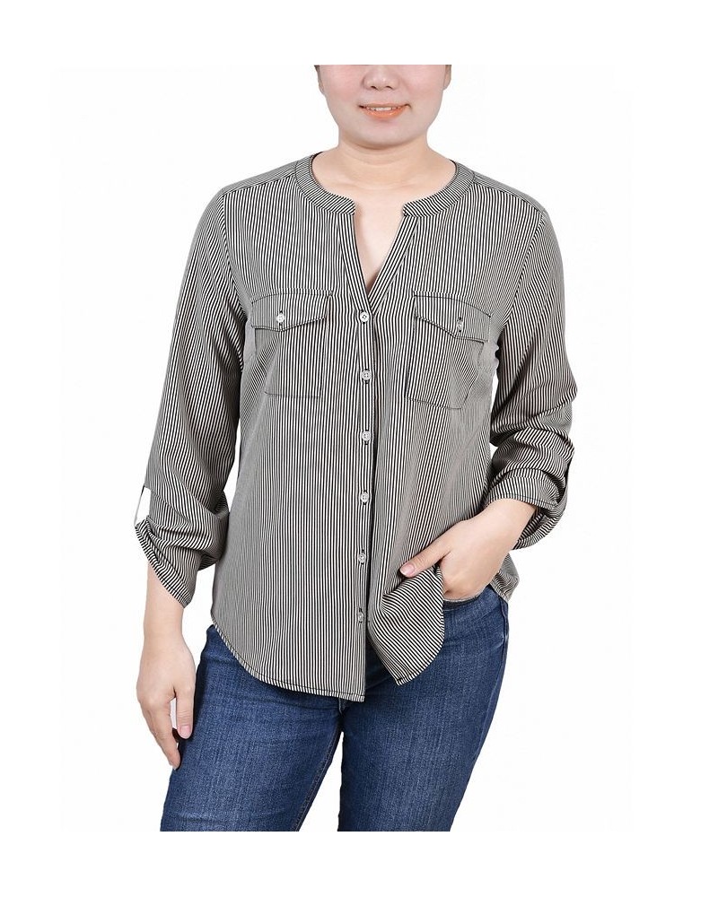 Petite 3/4 Sleeve Roll Tab Y Neck Blouse Dynamic Torterella $14.40 Tops