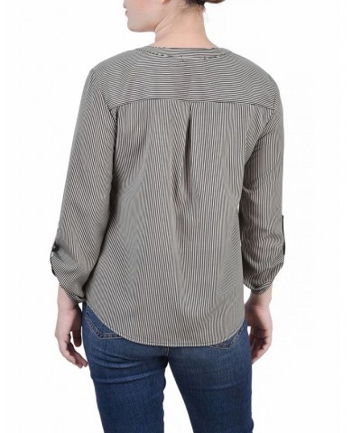 Petite 3/4 Sleeve Roll Tab Y Neck Blouse Dynamic Torterella $14.40 Tops