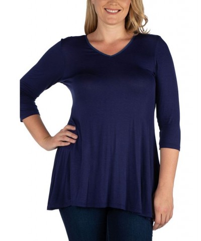 Women's Plus Size Three Quarter Sleeves V-Neck Tunic Top Navy $36.17 Tops