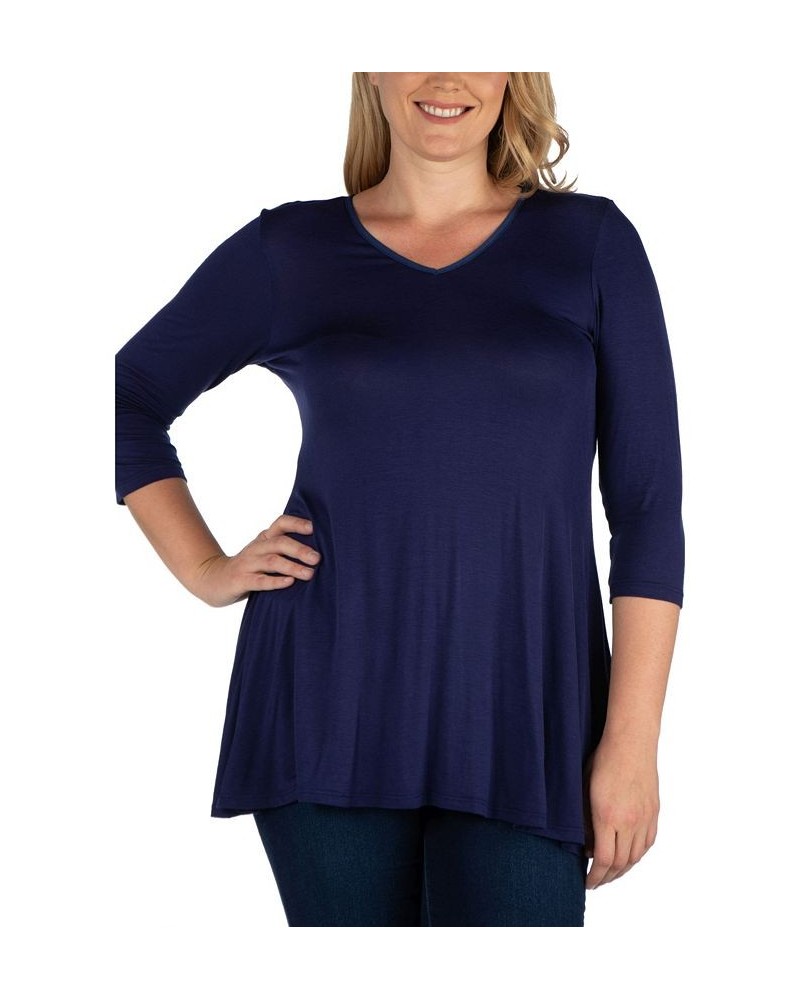 Women's Plus Size Three Quarter Sleeves V-Neck Tunic Top Navy $36.17 Tops