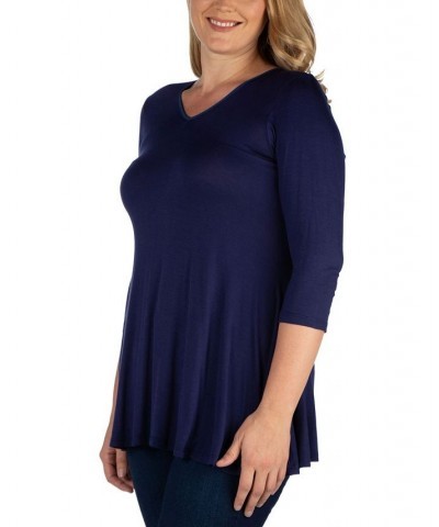 Women's Plus Size Three Quarter Sleeves V-Neck Tunic Top Navy $36.17 Tops