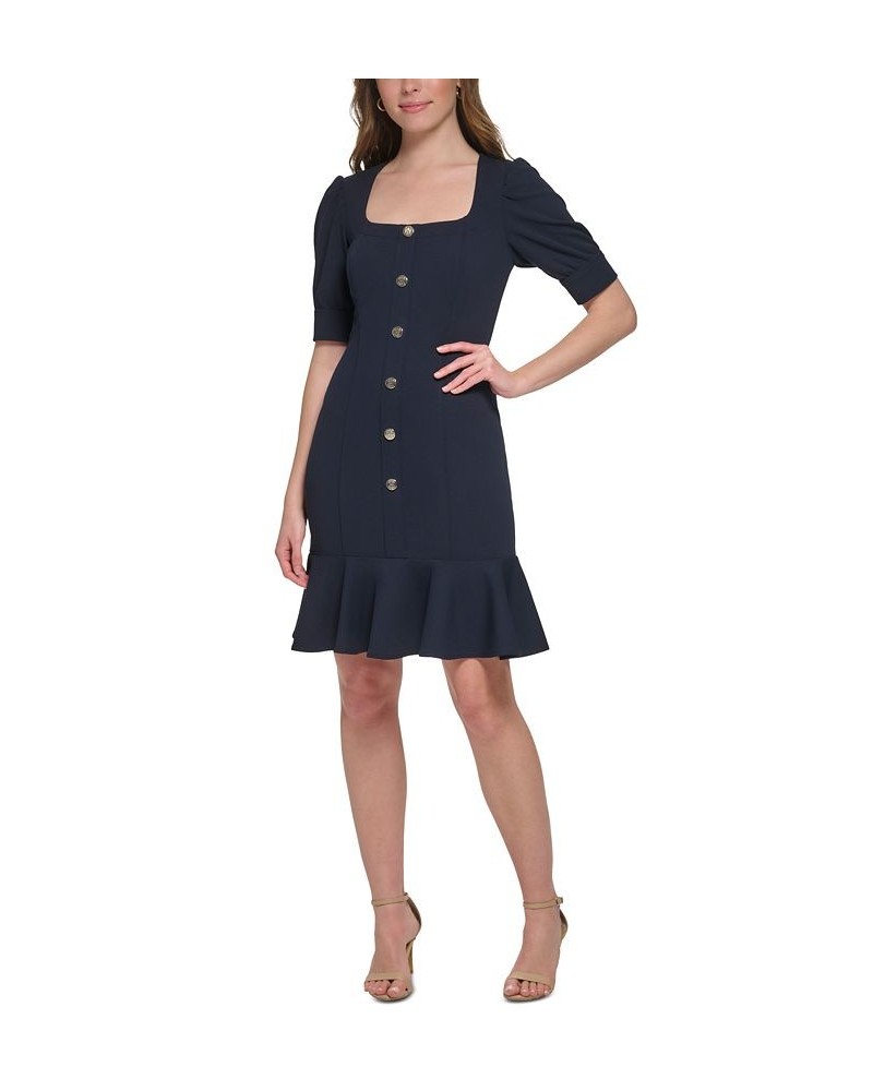 Women's Square-Neck Buttoned Ruffled-Hem Sheath Dress Sky Captain $50.31 Dresses