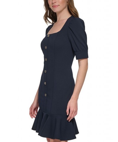 Women's Square-Neck Buttoned Ruffled-Hem Sheath Dress Sky Captain $50.31 Dresses