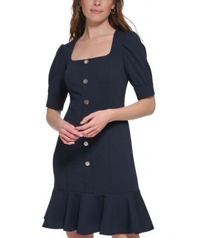 Women's Square-Neck Buttoned Ruffled-Hem Sheath Dress Sky Captain $50.31 Dresses