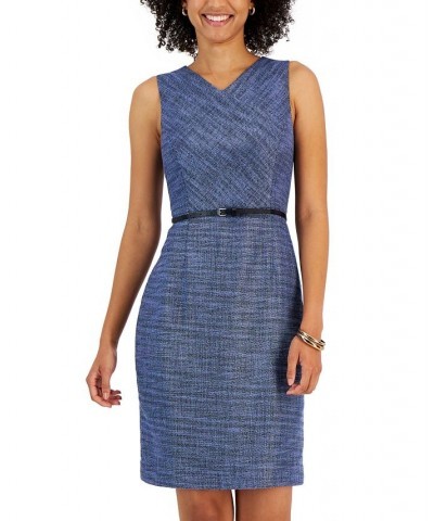 Petite Sleeveless Belted Tweed Sheath Dress California Sky Multi $24.19 Dresses