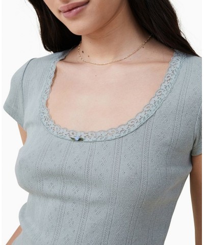 Women's Paige Scoop Neck Lace Trim T-shirt Green $18.19 Tops