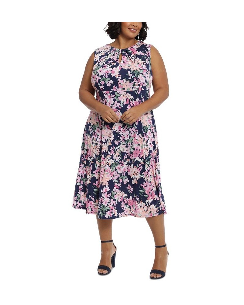 Plus Size Floral-Print Keyhole Midi Dress Navy/Pink $41.42 Dresses