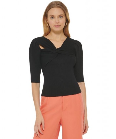 Women's Cutout Twist-Detail Sweater-Knit Top Black $50.14 Sweaters