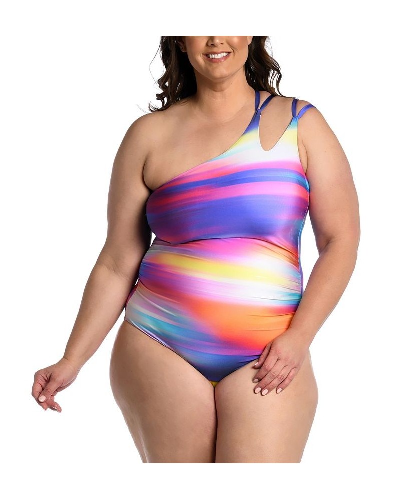 Plus Size Sunset Shores One-Shoulder Strappy One-Piece Swimsuit Stripe Multi $46.20 Swimsuits