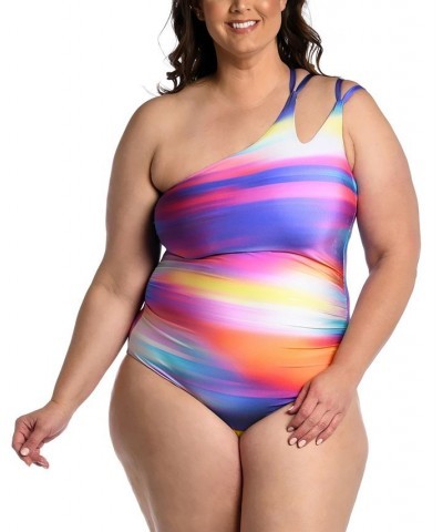 Plus Size Sunset Shores One-Shoulder Strappy One-Piece Swimsuit Stripe Multi $46.20 Swimsuits