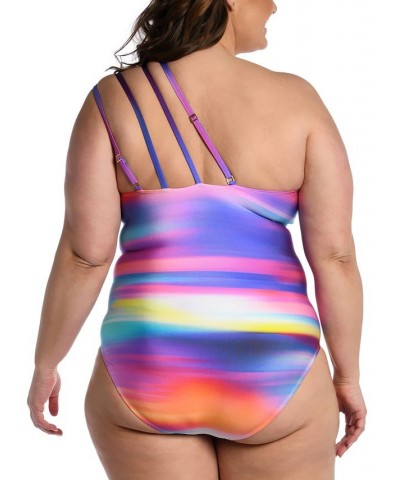 Plus Size Sunset Shores One-Shoulder Strappy One-Piece Swimsuit Stripe Multi $46.20 Swimsuits