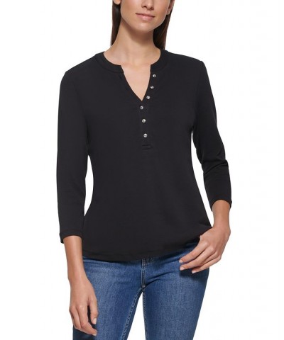 3/4 Sleeve Button Front Henley Black $20.25 Tops