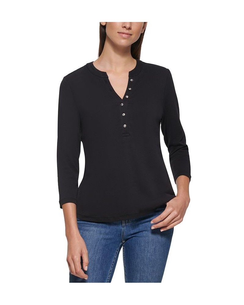 3/4 Sleeve Button Front Henley Black $20.25 Tops