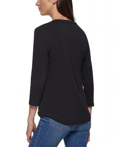 3/4 Sleeve Button Front Henley Black $20.25 Tops