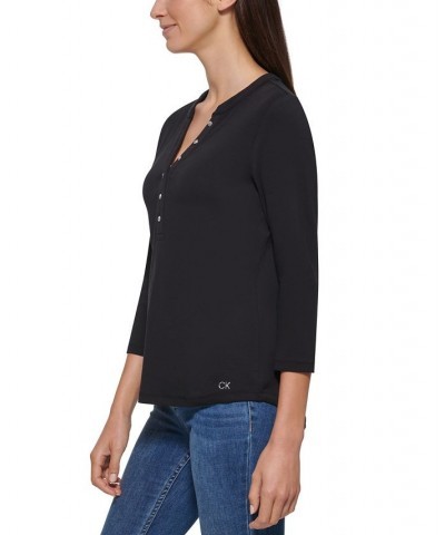 3/4 Sleeve Button Front Henley Black $20.25 Tops