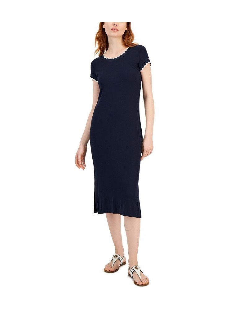 Women's Short Sleeve Ribbed Midi Dress Blue $31.80 Dresses