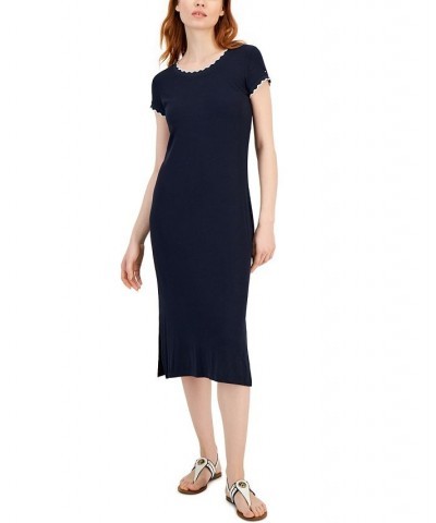 Women's Short Sleeve Ribbed Midi Dress Blue $31.80 Dresses