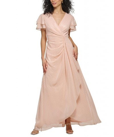 Women's Double-Ruffle-Sleeve Chiffon Ball Gown Delicate Peach Silver $81.26 Dresses