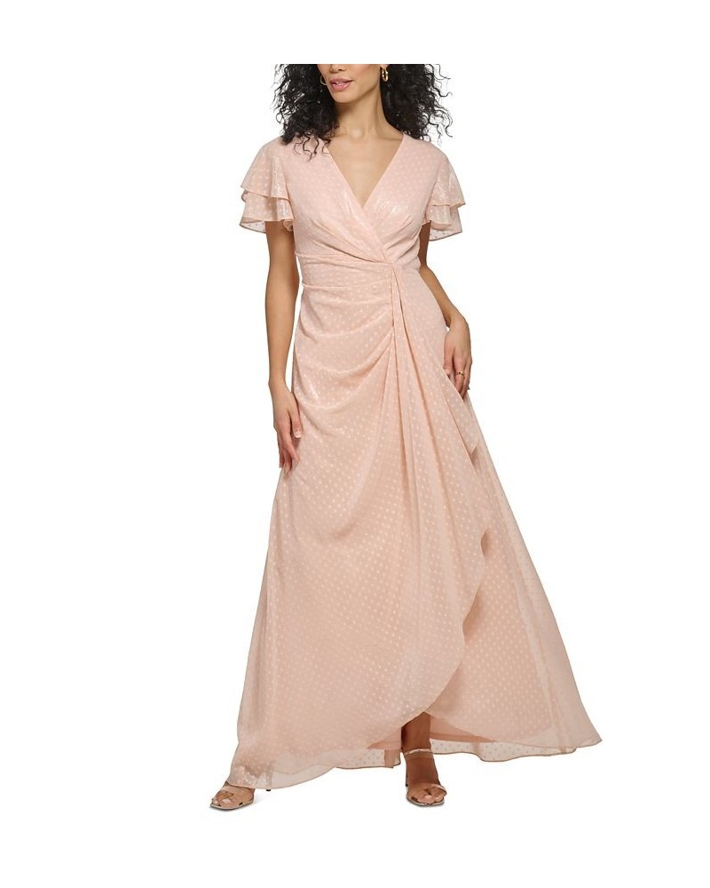 Women's Double-Ruffle-Sleeve Chiffon Ball Gown Delicate Peach Silver $81.26 Dresses