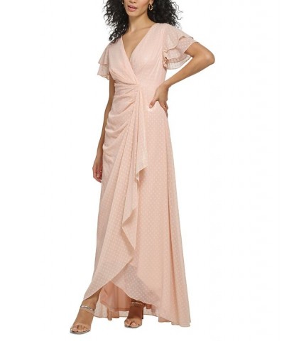 Women's Double-Ruffle-Sleeve Chiffon Ball Gown Delicate Peach Silver $81.26 Dresses