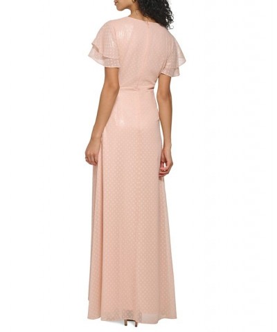 Women's Double-Ruffle-Sleeve Chiffon Ball Gown Delicate Peach Silver $81.26 Dresses