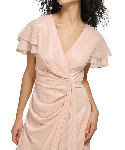 Women's Double-Ruffle-Sleeve Chiffon Ball Gown Delicate Peach Silver $81.26 Dresses