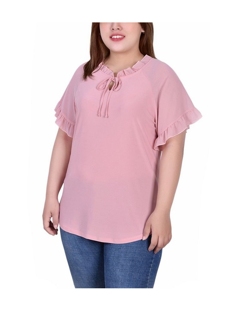 Plus Size Short Ruffled Sleeve Crepe Knit Top with Chiffon Sleeves Pink $14.90 Tops