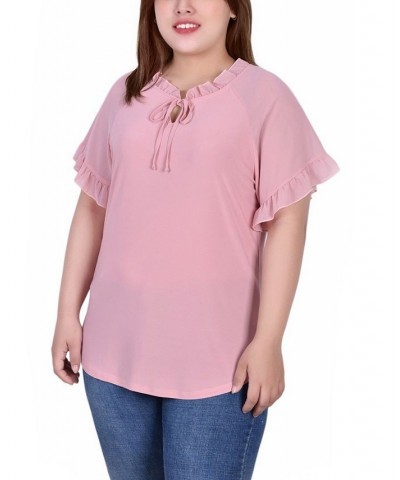 Plus Size Short Ruffled Sleeve Crepe Knit Top with Chiffon Sleeves Pink $14.90 Tops