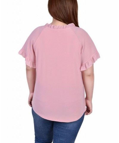 Plus Size Short Ruffled Sleeve Crepe Knit Top with Chiffon Sleeves Pink $14.90 Tops