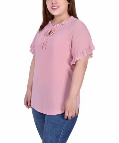 Plus Size Short Ruffled Sleeve Crepe Knit Top with Chiffon Sleeves Pink $14.90 Tops