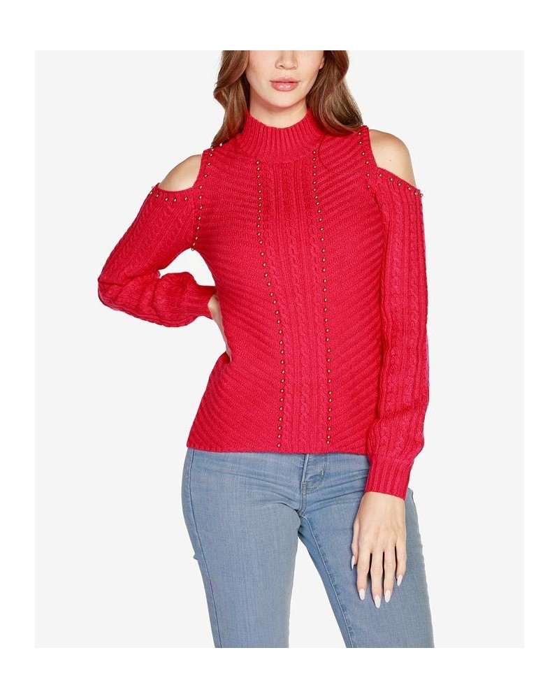 Women's Black Label Embellished Cold-Shoulder Cable Sweater Red $25.73 Sweaters