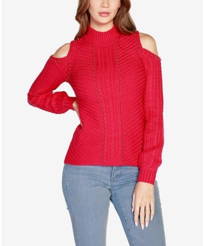 Women's Black Label Embellished Cold-Shoulder Cable Sweater Red $25.73 Sweaters