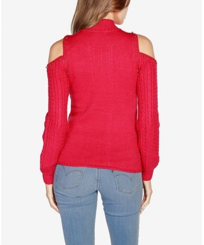 Women's Black Label Embellished Cold-Shoulder Cable Sweater Red $25.73 Sweaters