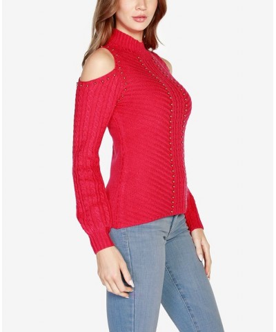 Women's Black Label Embellished Cold-Shoulder Cable Sweater Red $25.73 Sweaters