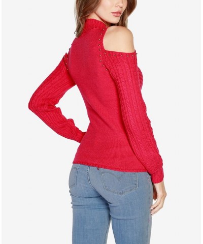 Women's Black Label Embellished Cold-Shoulder Cable Sweater Red $25.73 Sweaters