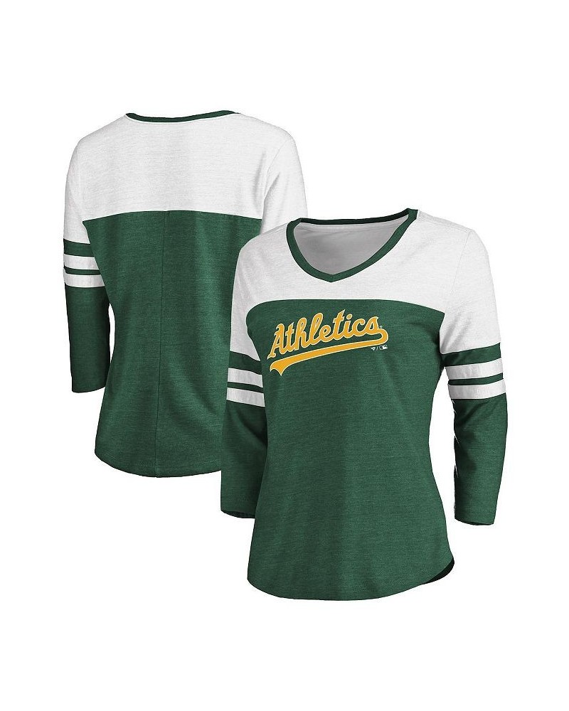 Women's Oakland Athletics Official Wordmark Tri-Blend Three-Quarter Sleeve V-Neck T-shirt Heathered Green, White $22.00 Tops