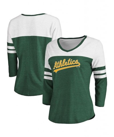 Women's Oakland Athletics Official Wordmark Tri-Blend Three-Quarter Sleeve V-Neck T-shirt Heathered Green, White $22.00 Tops