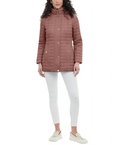 Petite Hooded Stand-Collar Box Quilted Coat Pink $44.80 Coats