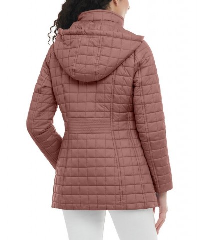 Petite Hooded Stand-Collar Box Quilted Coat Pink $44.80 Coats