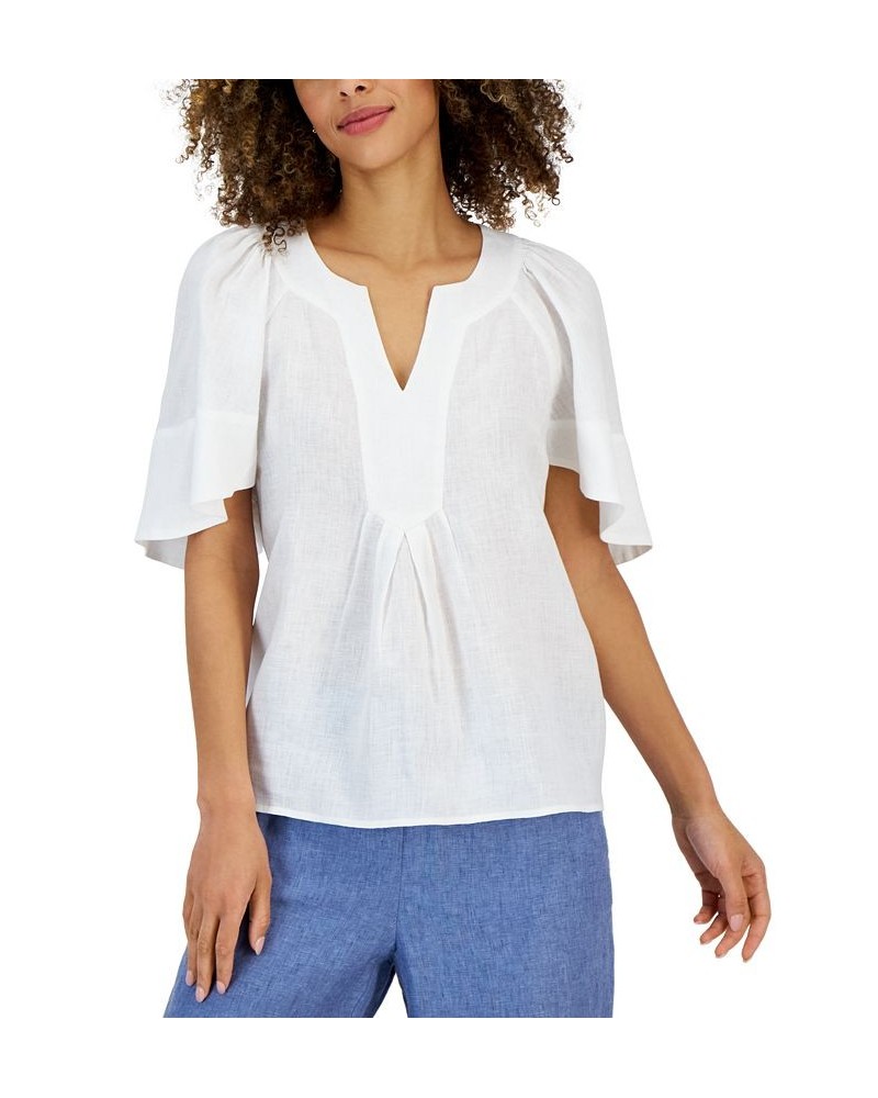 Women's Linen Split-Neck Flutter-Sleeve Top Bright White $19.24 Tops