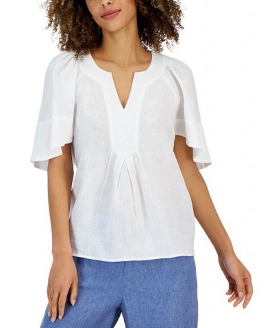 Women's Linen Split-Neck Flutter-Sleeve Top Bright White $19.24 Tops