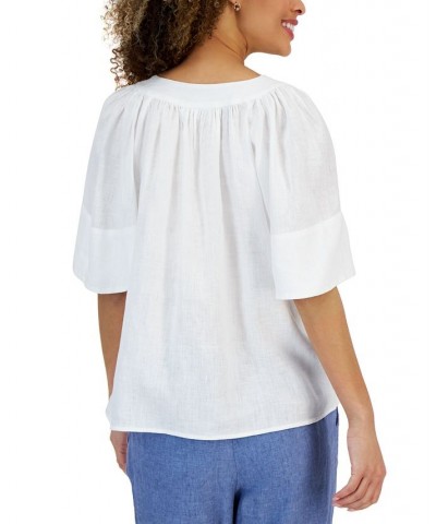 Women's Linen Split-Neck Flutter-Sleeve Top Bright White $19.24 Tops