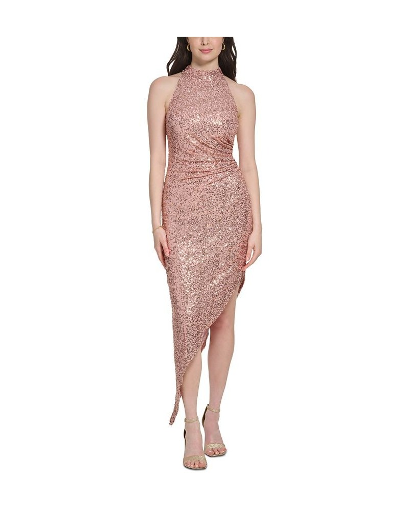 Women's Halter-Neck High-Low Sequinned Gown Rose $62.40 Dresses