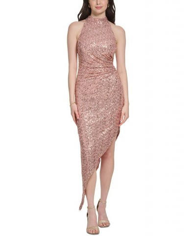 Women's Halter-Neck High-Low Sequinned Gown Rose $62.40 Dresses