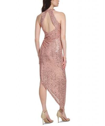 Women's Halter-Neck High-Low Sequinned Gown Rose $62.40 Dresses