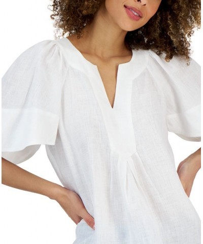 Women's Linen Split-Neck Flutter-Sleeve Top Bright White $19.24 Tops